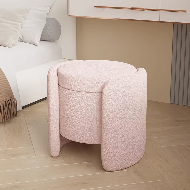 Contemporary Nordic Cream Storable Round Cylinder Wood Lambswool Vanity Stool For Bedroom
