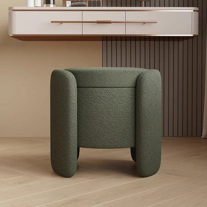Contemporary Nordic Cream Storable Round Cylinder Wood Lambswool Vanity Stool For Bedroom