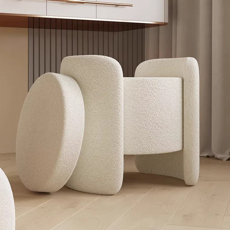 Contemporary Nordic Cream Storable Round Cylinder Wood Lambswool Vanity Stool For Bedroom