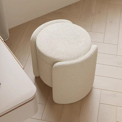 Contemporary Nordic Cream Storable Round Cylinder Wood Lambswool Vanity Stool For Bedroom