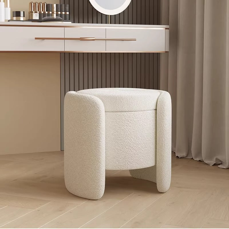 Contemporary Nordic Cream Storable Round Cylinder Wood Lambswool Vanity Stool For Bedroom