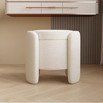 Contemporary Nordic Cream Storable Round Cylinder Wood Lambswool Vanity Stool For Bedroom