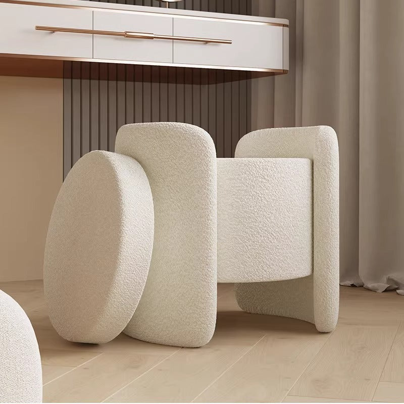 Contemporary Nordic Cream Storable Round Cylinder Wood Lambswool Vanity Stool For Bedroom