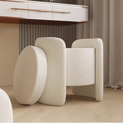 Contemporary Nordic Cream Storable Round Cylinder Wood Lambswool Vanity Stool For Bedroom