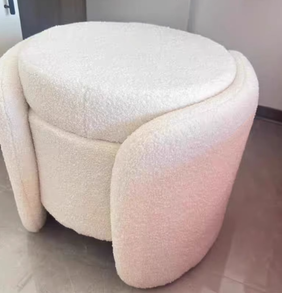 Contemporary Nordic Cream Storable Round Cylinder Wood Lambswool Vanity Stool For Bedroom