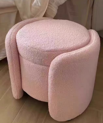 Contemporary Nordic Cream Storable Round Cylinder Wood Lambswool Vanity Stool For Bedroom