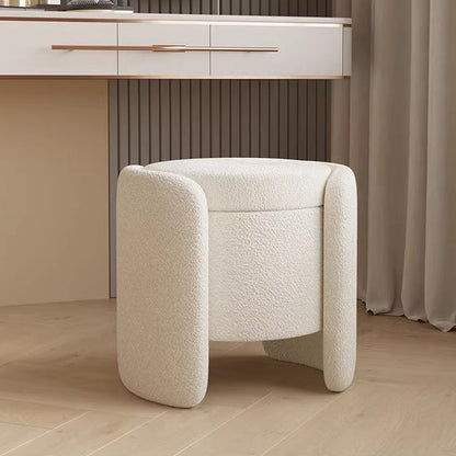 Contemporary Nordic Cream Storable Round Cylinder Wood Lambswool Vanity Stool For Bedroom