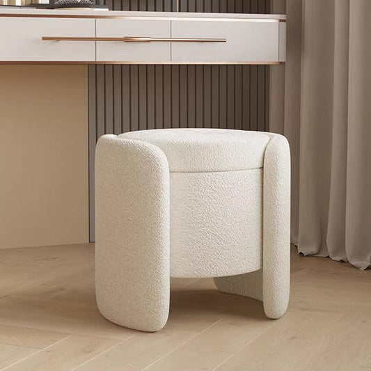 Contemporary Nordic Cream Storable Round Cylinder Wood Lambswool Vanity Stool For Bedroom