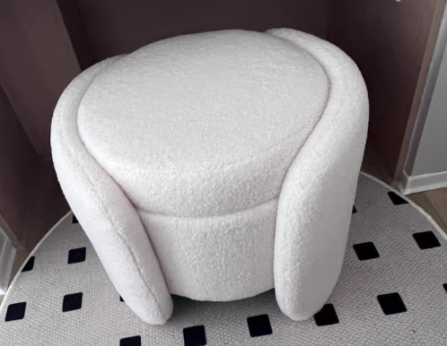 Contemporary Nordic Cream Storable Round Cylinder Wood Lambswool Vanity Stool For Bedroom