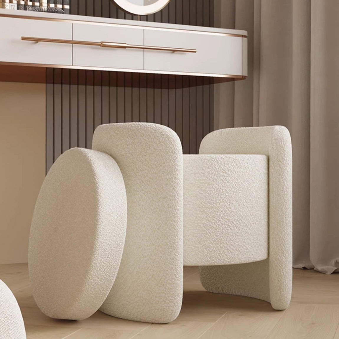 Contemporary Nordic Cream Storable Round Cylinder Wood Lambswool Vanity Stool For Bedroom