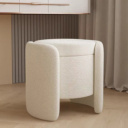 Contemporary Nordic Cream Storable Round Cylinder Wood Lambswool Vanity Stool For Bedroom