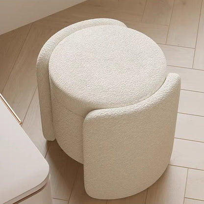 Contemporary Nordic Cream Storable Round Cylinder Wood Lambswool Vanity Stool For Bedroom