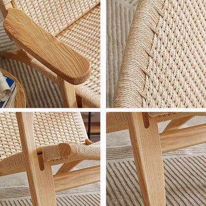 Traditional Japanese Square Ash Wood Rope Dining Chair Backrest Armrest For Dining Room