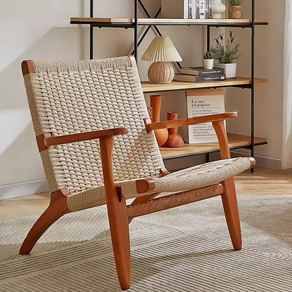 Traditional Japanese Square Ash Wood Rope Dining Chair Backrest Armrest For Dining Room