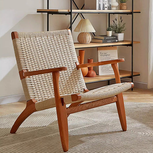 Traditional Japanese Square Ash Wood Rope Dining Chair Backrest Armrest For Dining Room