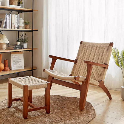 Traditional Japanese Square Ash Wood Rope Dining Chair Backrest Armrest For Dining Room