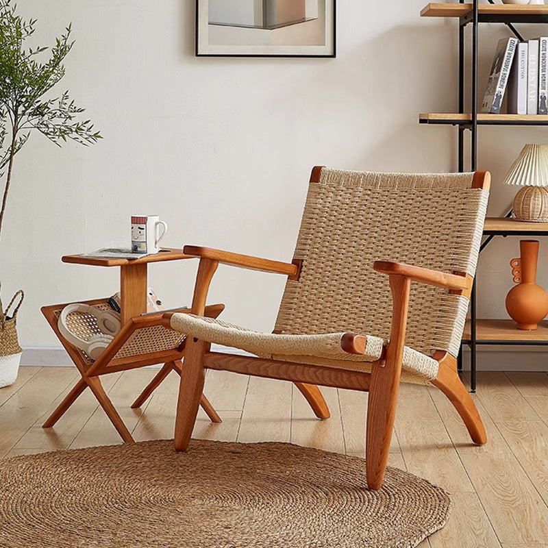 Traditional Japanese Square Ash Wood Rope Dining Chair Backrest Armrest For Dining Room