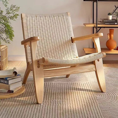 Traditional Japanese Square Ash Wood Rope Dining Chair Backrest Armrest For Dining Room