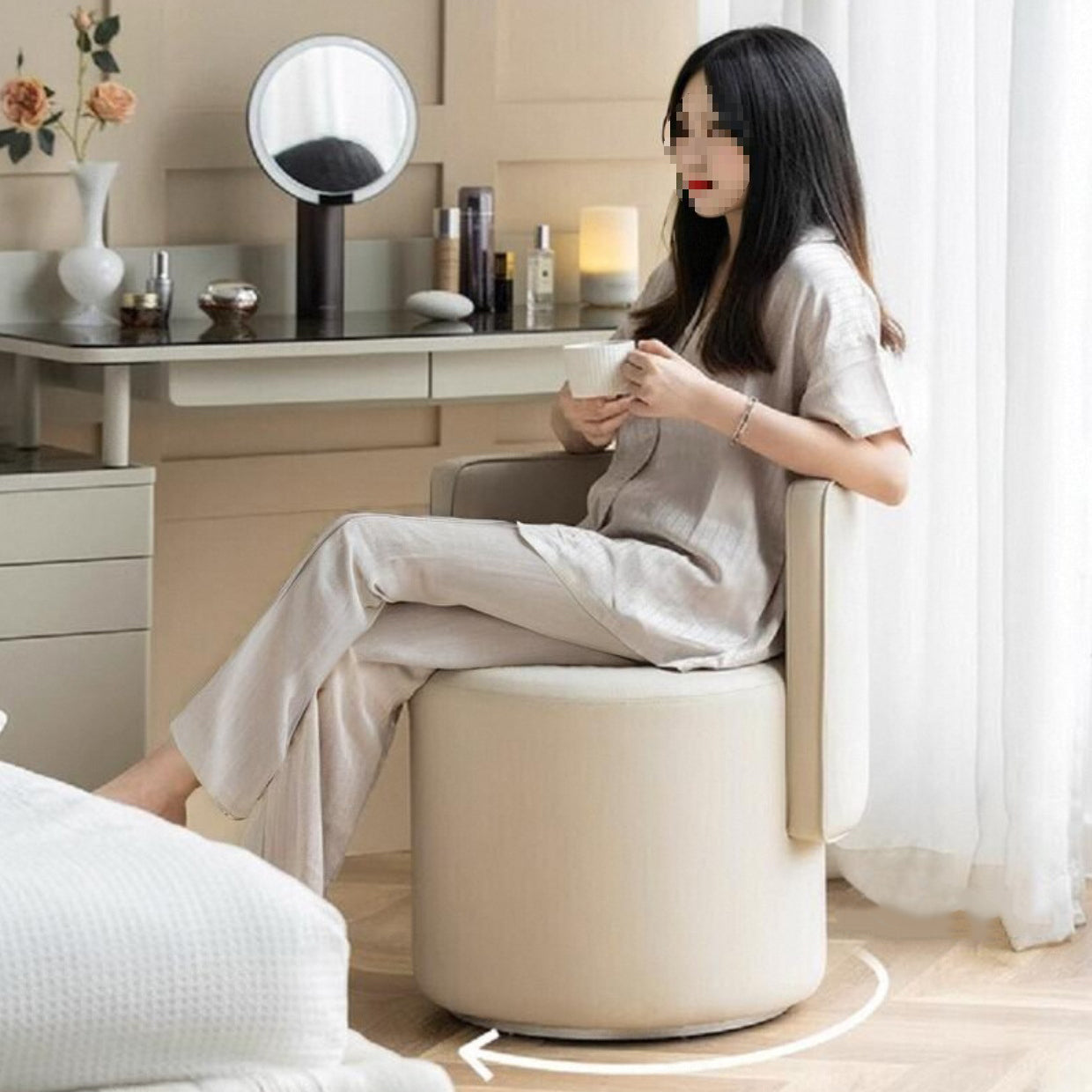 Contemporary Nordic Cylinder Microfiber Leather Aluminum Wood Vanity Stool Backrest For Bedroom