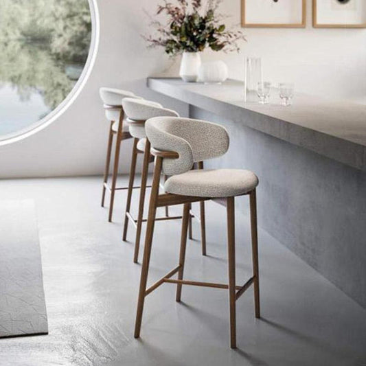 Modern Mid-Century Oval Back Solid Wood Cotton Linen Bar Stool Backrest For Dining Room