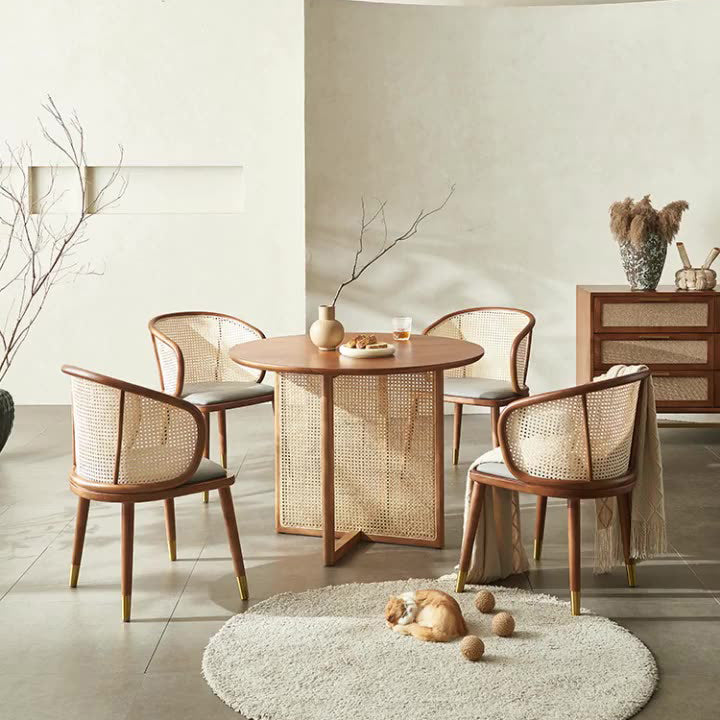 Contemporary Scandinavian Oval Back Rattan Solid Wood High Resilience Foam Dining Chair Backrest For Dining Room