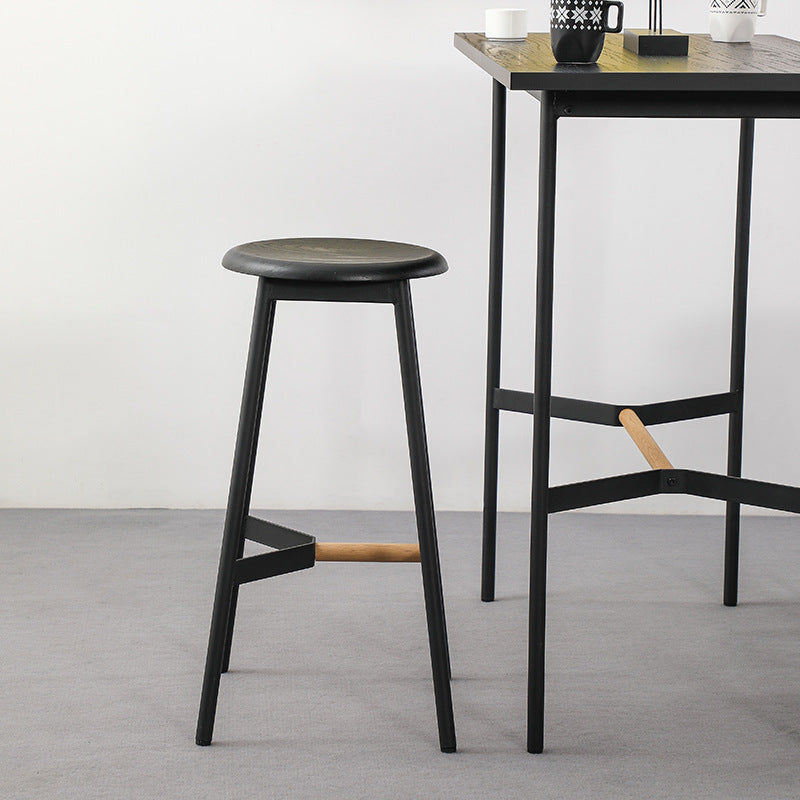 Modern Minimalist Round Solid Wood Iron Bar Stool For Dining Room