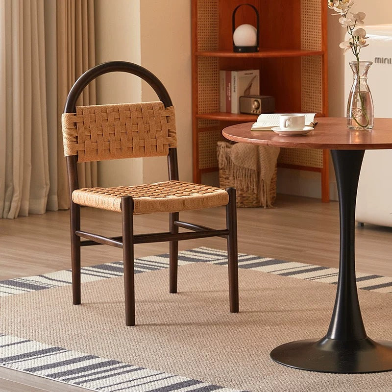 Modern Mid-Century Oval Half Hollow Back Solid Wood Kraft Rope Dining Chair For Dining Room