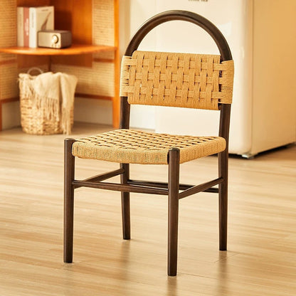 Modern Mid-Century Oval Half Hollow Back Solid Wood Kraft Rope Dining Chair For Dining Room