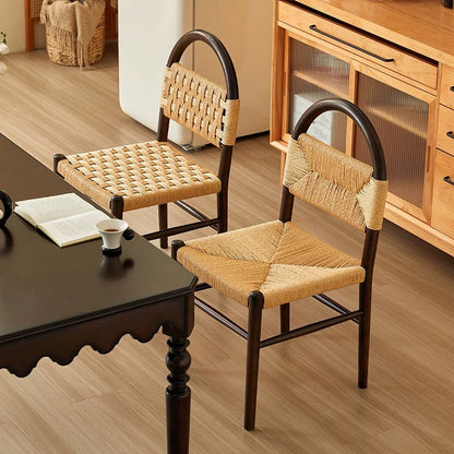 Modern Mid-Century Oval Half Hollow Back Solid Wood Kraft Rope Dining Chair For Dining Room