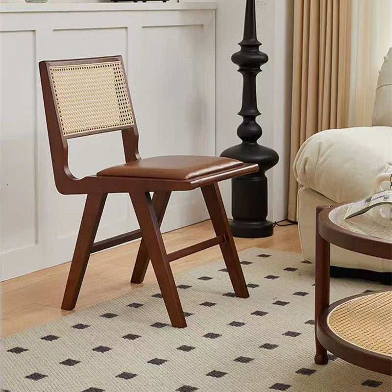 Contemporary Nordic H-Shaped Rubberwood Rattan Weaving PU Leather Sponge Dining Chair Backrest Armless For Dining Room