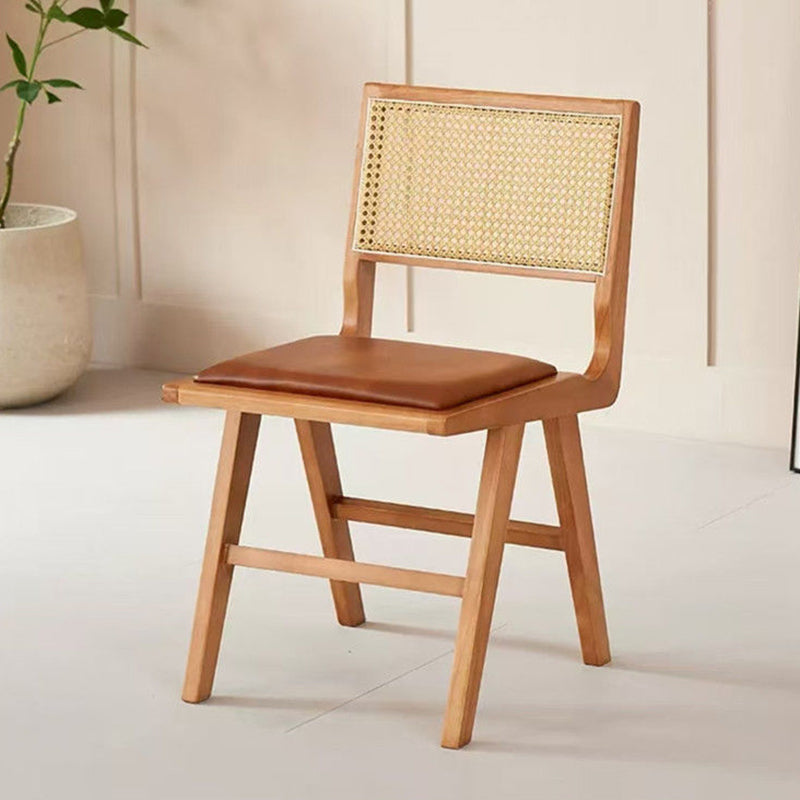 Contemporary Nordic H-Shaped Rubberwood Rattan Weaving PU Leather Sponge Dining Chair Backrest Armless For Dining Room