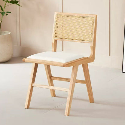 Contemporary Nordic H-Shaped Rubberwood Rattan Weaving PU Leather Sponge Dining Chair Backrest Armless For Dining Room