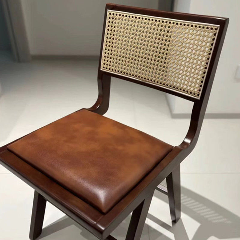 Contemporary Nordic H-Shaped Rubberwood Rattan Weaving PU Leather Sponge Dining Chair Backrest Armless For Dining Room