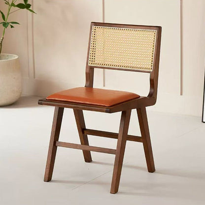 Contemporary Nordic H-Shaped Rubberwood Rattan Weaving PU Leather Sponge Dining Chair Backrest Armless For Dining Room