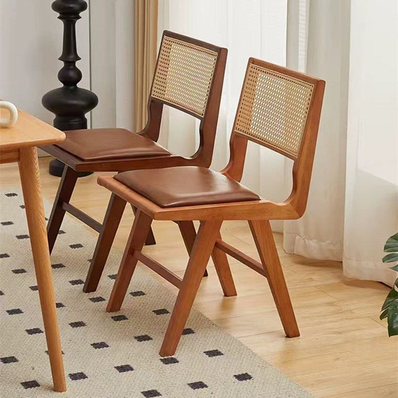 Contemporary Nordic H-Shaped Rubberwood Rattan Weaving PU Leather Sponge Dining Chair Backrest Armless For Dining Room