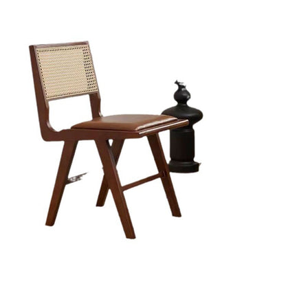 Contemporary Nordic H-Shaped Rubberwood Rattan Weaving PU Leather Sponge Dining Chair Backrest Armless For Dining Room