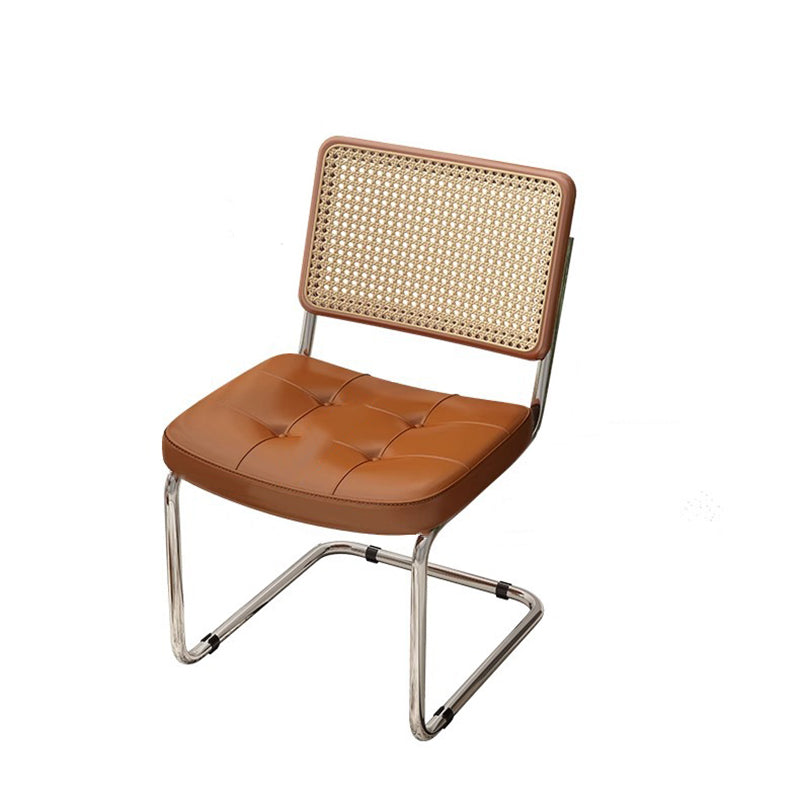 Traditional Vintage Arc Stainless Steel Leather Sponge Plastic Rattan Weaving Dining Chair Backrest Armless For Dining Room