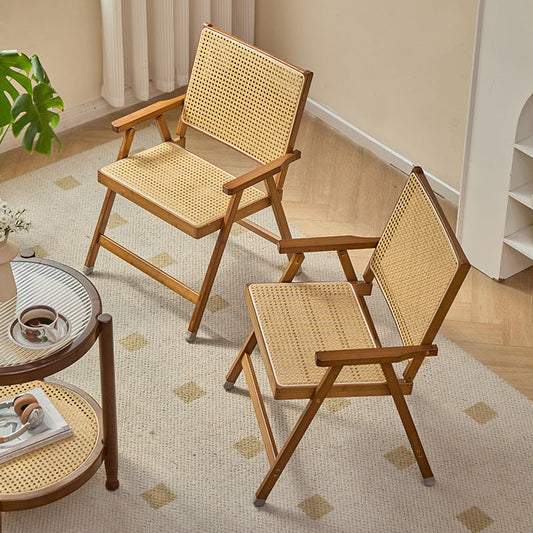 Traditional Rustic Foldable Rectangular Bamboo Polyester Resin Rattan Weaving Dining Chair Backrest Armrest For Dining Room