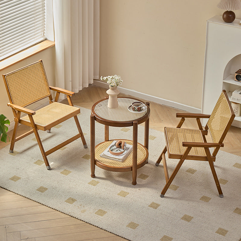 Traditional Rustic Foldable Rectangular Bamboo Polyester Resin Rattan Weaving Dining Chair Backrest Armrest For Dining Room