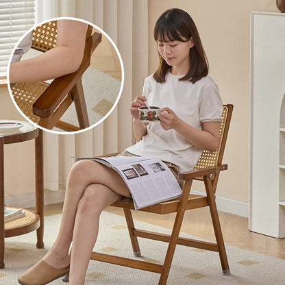 Traditional Rustic Foldable Rectangular Bamboo Polyester Resin Rattan Weaving Dining Chair Backrest Armrest For Dining Room