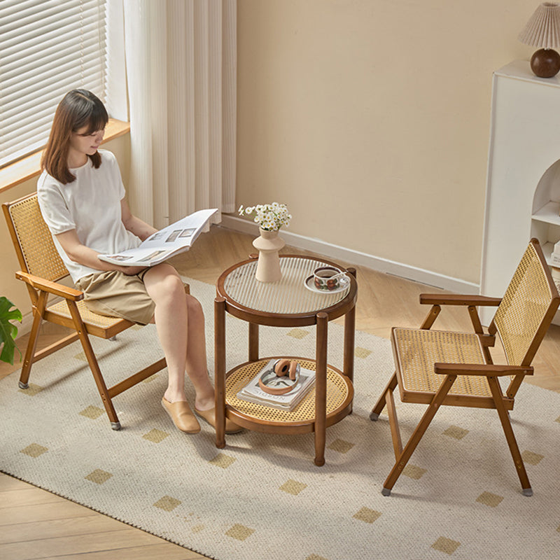 Traditional Rustic Foldable Rectangular Bamboo Polyester Resin Rattan Weaving Dining Chair Backrest Armrest For Dining Room