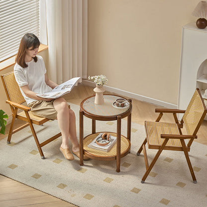 Traditional Rustic Foldable Rectangular Bamboo Polyester Resin Rattan Weaving Dining Chair Backrest Armrest For Dining Room