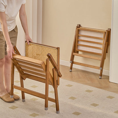 Traditional Rustic Foldable Rectangular Bamboo Polyester Resin Rattan Weaving Dining Chair Backrest Armrest For Dining Room