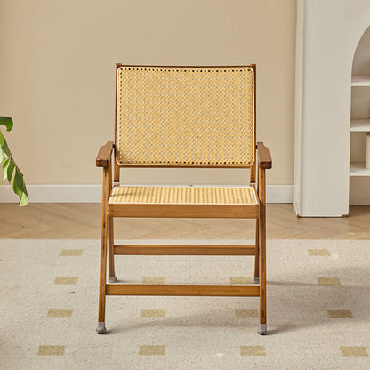 Traditional Rustic Foldable Rectangular Bamboo Polyester Resin Rattan Weaving Dining Chair Backrest Armrest For Dining Room