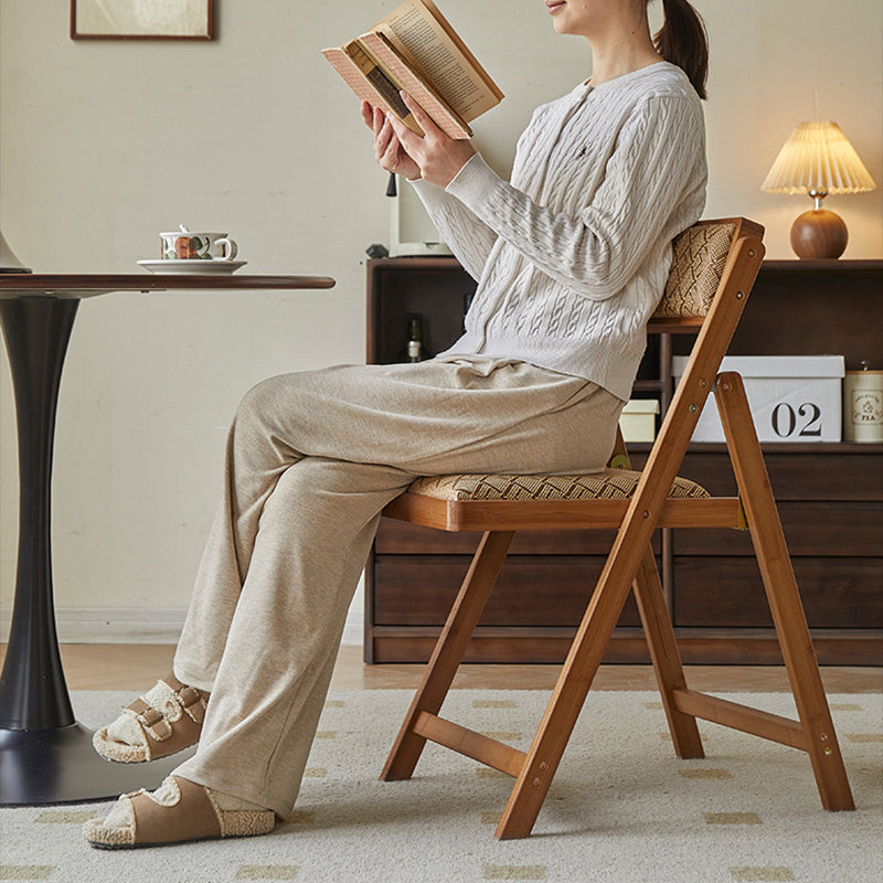 Traditional Rustic Foldable Rectangular Nan Bamboo Faux Leather Sponge Dining Chair Backrest Armless For Dining Room