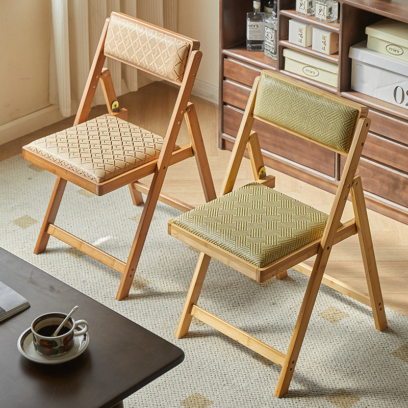 Traditional Rustic Foldable Rectangular Nan Bamboo Faux Leather Sponge Dining Chair Backrest Armless For Dining Room