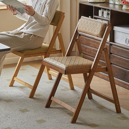 Traditional Rustic Foldable Rectangular Nan Bamboo Faux Leather Sponge Dining Chair Backrest Armless For Dining Room
