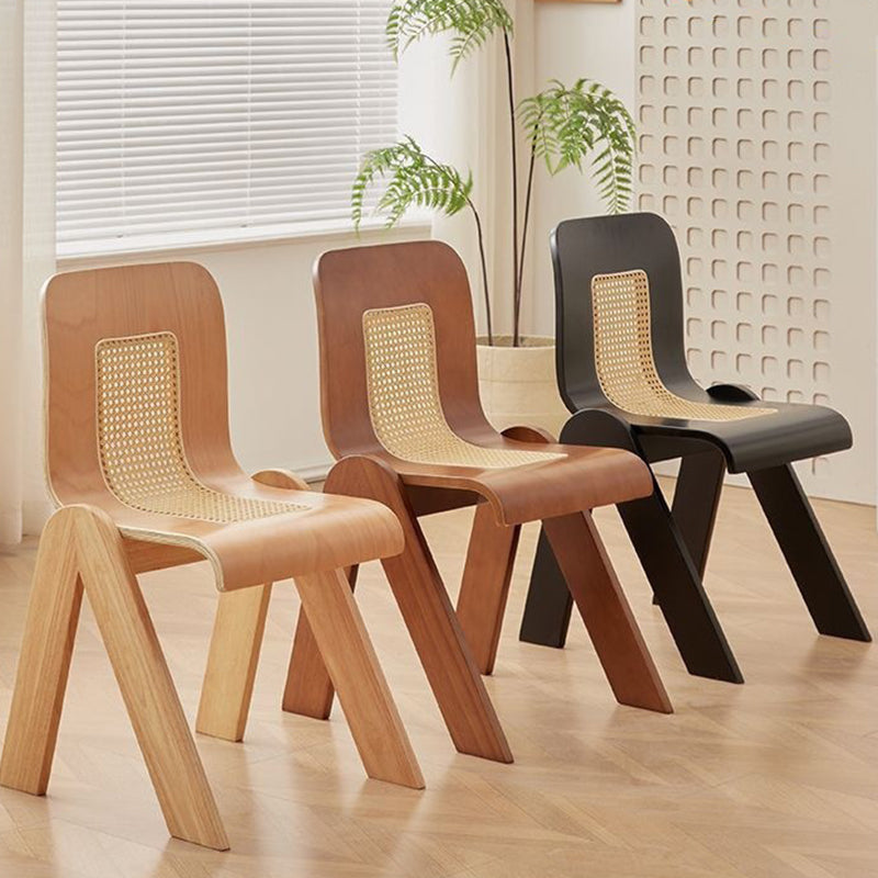 Traditional Vintage Arc V-Shape Solid Wood Rattan Weaving Dining Chair Backrest Armless For Dining Room