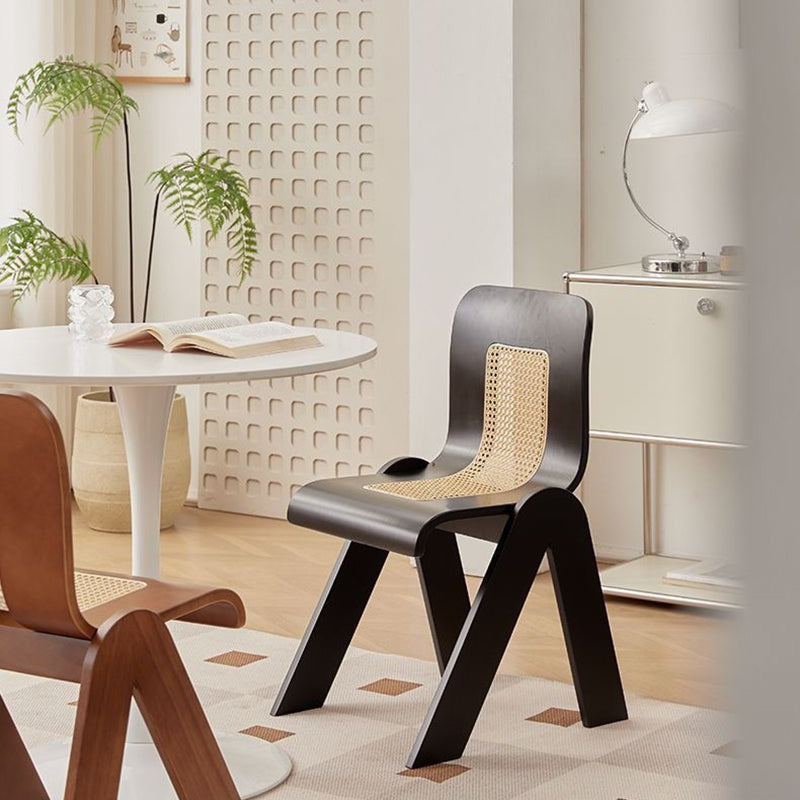 Traditional Vintage Arc V-Shape Solid Wood Rattan Weaving Dining Chair Backrest Armless For Dining Room