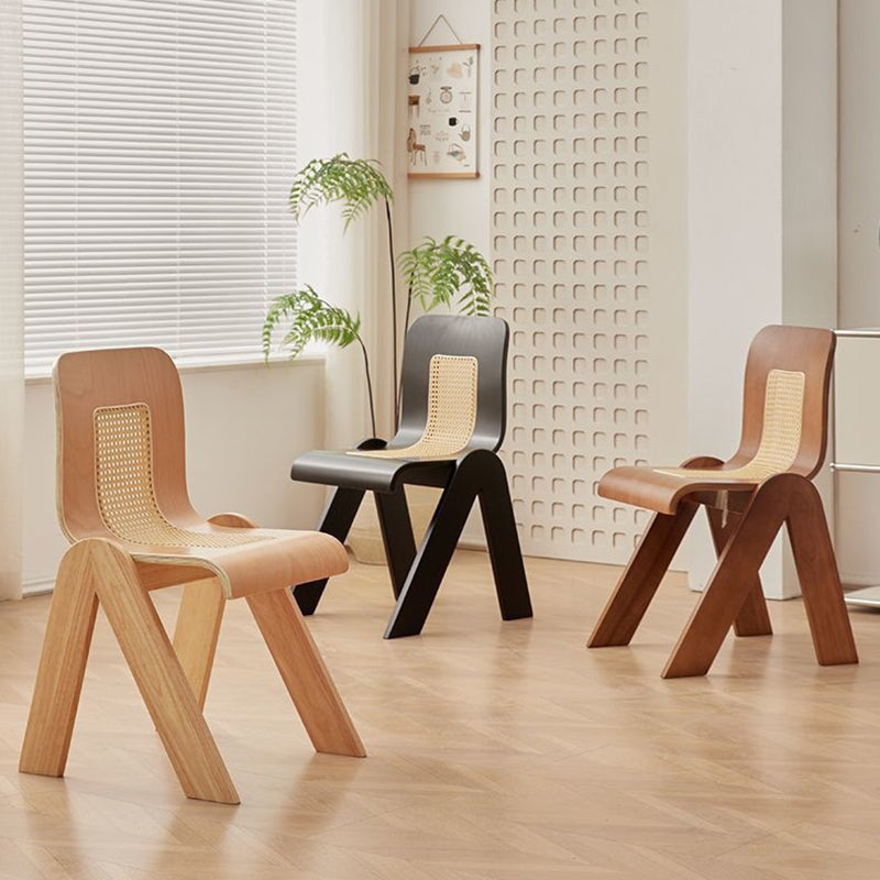 Traditional Vintage Arc V-Shape Solid Wood Rattan Weaving Dining Chair Backrest Armless For Dining Room